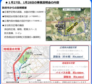 The site chosen as a candidate for relocation is adjacent to the wide-area disaster prevention plaza that is being developed by the national government and Hofu City as part of the Saba River Right Bank Wide-Area Disaster Prevention Plaza Development Project.