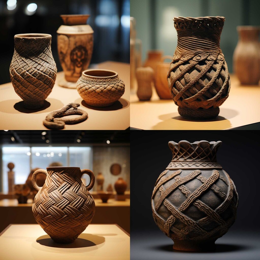 Midjourney:Pottery-with-Jomon-Period-rope-pattern-in-Japan.-q-5
