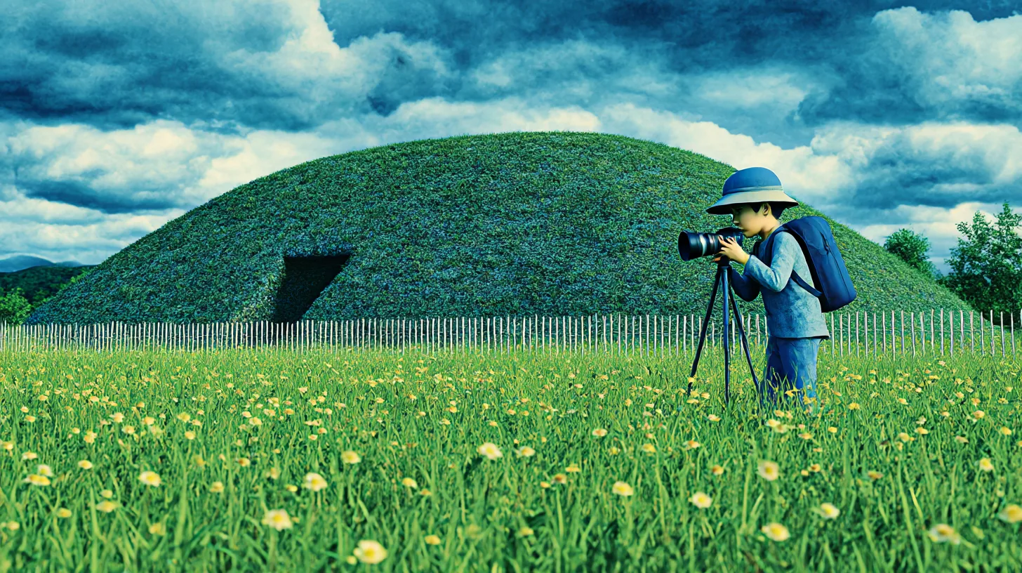 Aerial view of majestic ancient Japanese keyhole-shaped kofun tomb mound covered in lush green grass, surrounded by serene fields and forests, golden hour sunlight, mystical atmosphere