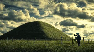Ancient Japanese kofun tomb in vibrant green landscape, young person with camera and tripod filming respectfully from permitted area, blend of history and modern exploration